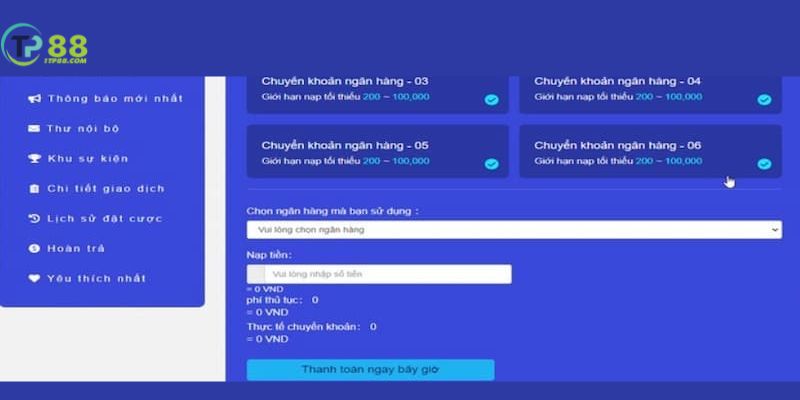 Nạp tiền TP88 qua E-Banking là phương thức phổ biến nhất